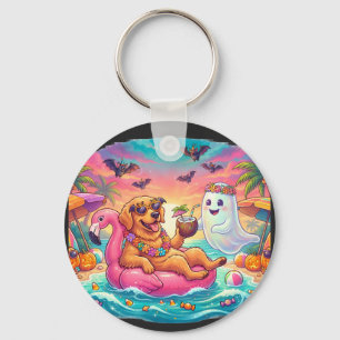 Chaveiro Golden Retriever Flutuando no Flamingo Rosa no Hal