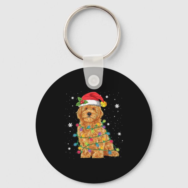 Chaveiro Goldendoodle Natal Santa Hat Luzes Fadas (Frente)
