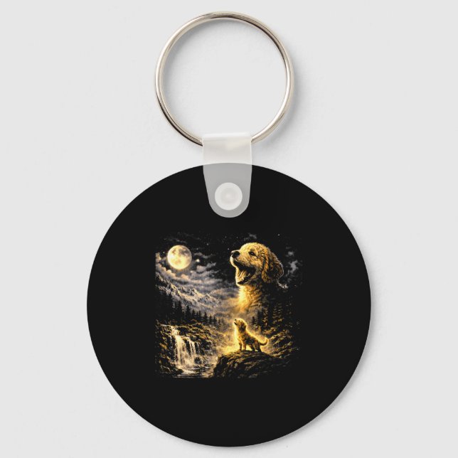Chaveiro Goldendoodle Uivando Para a Lua Vintage Místico (Frente)