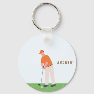 Chaveiro Golf Golfer Green & Blue Illustration Name Sports