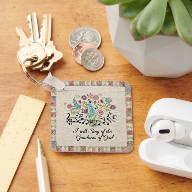 Chaveiro Goodness of God quilted look floral music (Mesa)