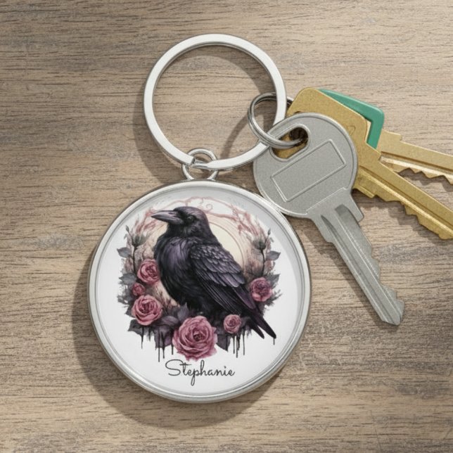 Chaveiro Gothic Raven Dark Academia Floral (Black raven with roses keychain)