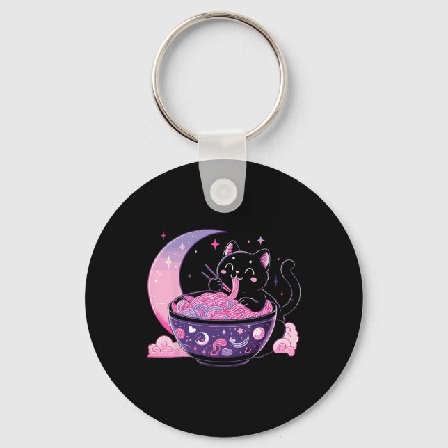 Chaveiro Gótico de Pastel Aestético Kawaii Cat Comendo Rame (Frente)