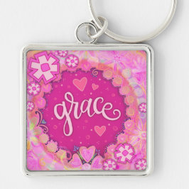Chaveiro Grace Inspirational Heart Floral Bonito Rosa