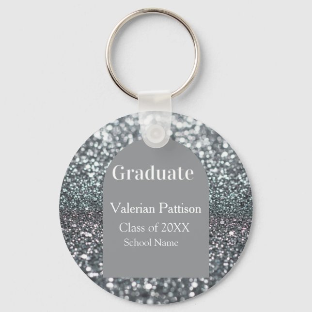 Chaveiro Graduate silver gray glitter arch shape name year (Frente)