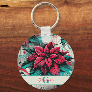 Chaveiro Grafite Grungy Poinsettia Floral Personalizado
