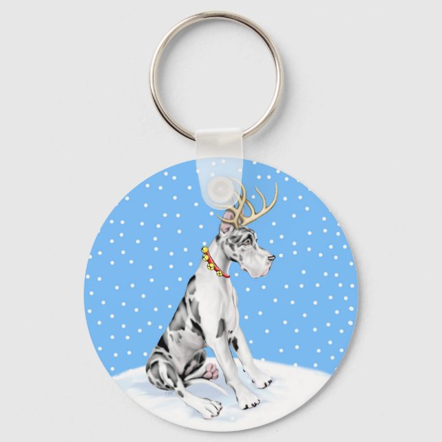 Chaveiro Grande Dane Reindeer Christmas Harlequin (Frente)