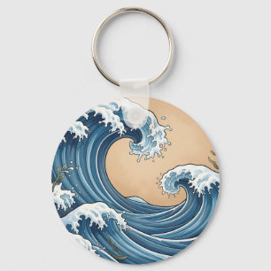 Chaveiro Grandes Ondas do Oceano Azul Estilo Japonês