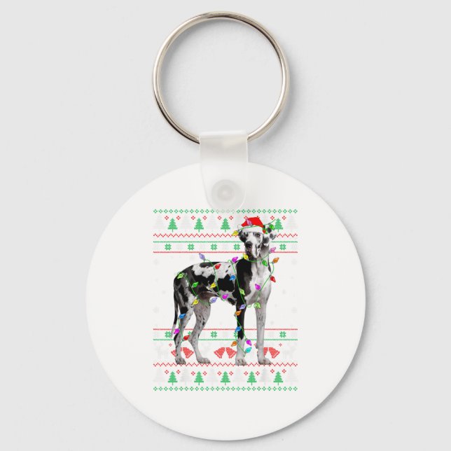 Chaveiro Great Dane Harlequin Dog Christmas Ugly Sweater Li (Frente)