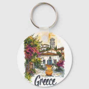 Chaveiro Grécia de Aquarela: Cena de Aldeia com Flores