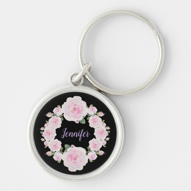 Chaveiro Grinalda de Rosas Rosa Suave com Nome Personalizad (Frente)