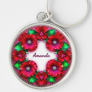 Chaveiro Grinalda Floral Redonda com Joias Vermelhas e Verd