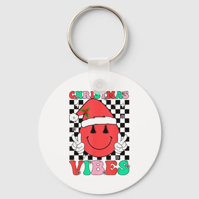 Chaveiro Groovy Christmas Vibes Smile Face Santa Hat Xmas T (Frente)