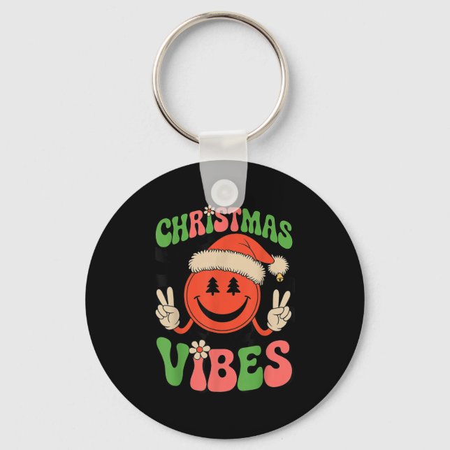 Chaveiro Groovy Christmas Vibes Smile Face Santa Hat Xmas T (Frente)