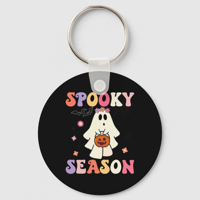 Chaveiro Groovy Halloween Ghost Segurando Pumpkin Spooky Se (Frente)