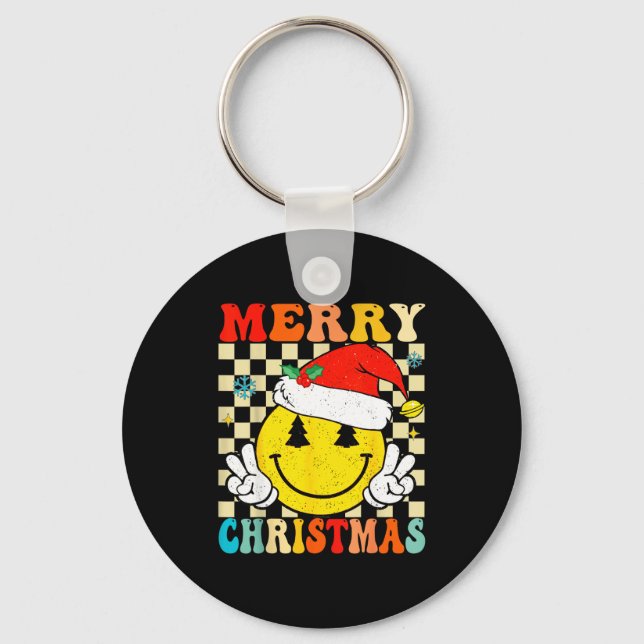 Chaveiro Groovy Merry Christmas Smile Face Santa Hat Xmas T (Frente)