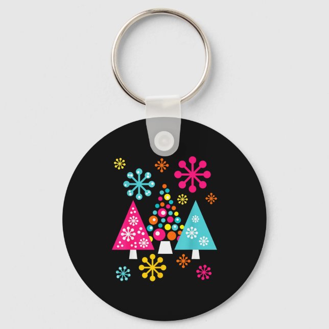 Chaveiro Groovy Retro Christmas Trees And Snowflakes  (Frente)