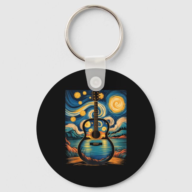 Chaveiro Guitar Lake Starry Night Music Guitarist Van Gogh  (Frente)