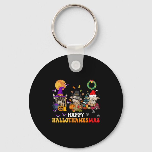 Chaveiro Hallothanksmas Highland Cow Halloween Christmas Th (Frente)