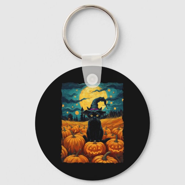 Chaveiro Halloween Black Cat Van Gogh Witch Kawaii Pumpkin (Frente)