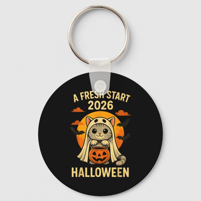 Chaveiro Halloween Cat Ghost Graphic - Fresh Start 2026  (Frente)