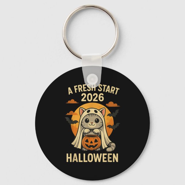 Chaveiro Halloween Cat Ghost Graphic - Fresh Start 2026  (Frente)