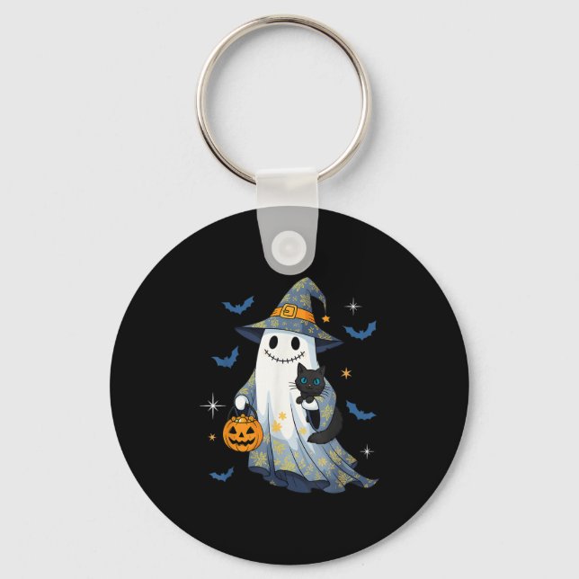 Chaveiro Halloween Ghost Witch Holding Black Cat Funny Hall (Frente)
