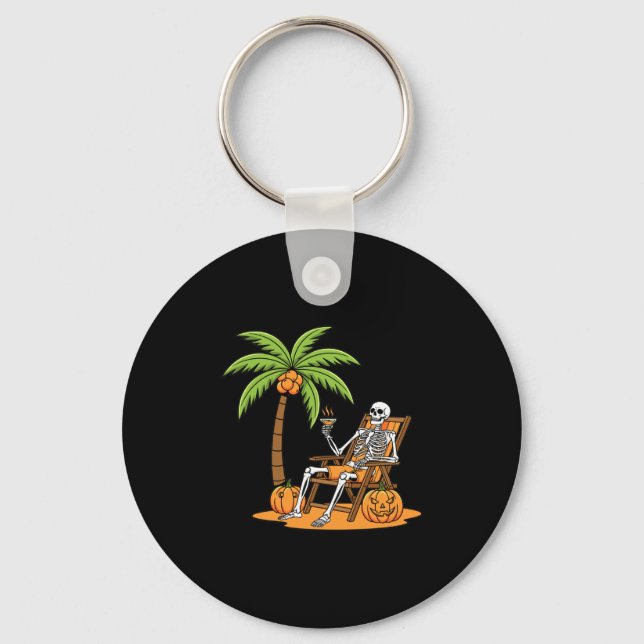 Chaveiro Halloween Skeleton Beach Vacation Palm Tree Pumpki (Frente)