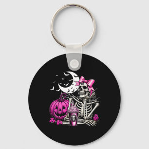 Chaveiro Halloween Skeleton Bebendo Café Coquetel Rosa B