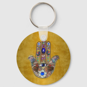 Chaveiro Hamsa Hearts Flowers Opal Art em Dourado