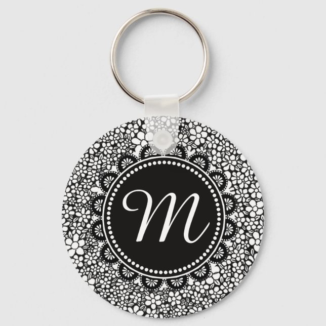Chaveiro Hand Drawn Black and White Flower Pattern Monogram (Frente)