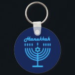 Chaveiro Hanukkiah Happy Hanukkah Holiday Menorah<br><div class="desc">Símbolo Hanukkiah. Feliz Festa de Hanukkah Feriado Judeu Menorah Azul. Decoração de Feriado Judeu Chanukkah com o símbolo decorativo tradicional de Chanuka - Marinho Blue color hanukkiah menorah, candelabro com velas, estrela de David e ilustração azul neon brilhante. Festa de Chanucá das Luzes Decoração do Evento. Jerusalém, Israel. Acessórios >...</div>