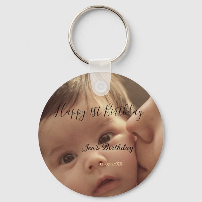 Chaveiro Happy 1st birthday name photo date stylish calligr (Frente)