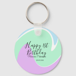Chaveiro Happy 1st birthday pink green blue acrylic pour 
