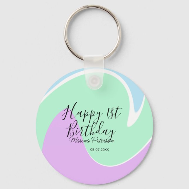 Chaveiro Happy 1st birthday pink green blue acrylic pour  (Frente)
