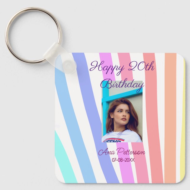 Chaveiro Happy 20th Birthday rainbow rustic boho lines phot (Frente)