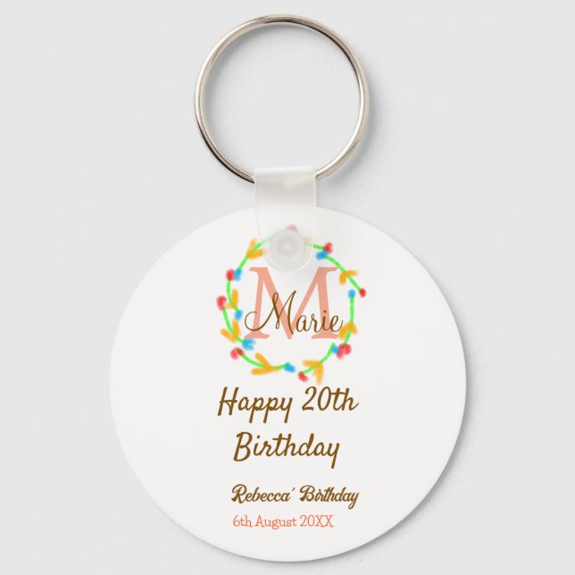 Chaveiro Happy 20th Birthday red add name monogram wreath (Frente)