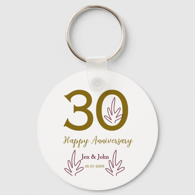 Chaveiro Happy 30th anniversary name date golden red leaf (Frente)