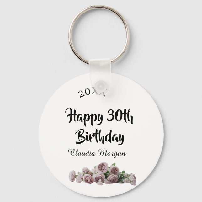 Chaveiro Happy 30th birthday pink white mauve floral name y (Frente)