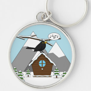 Chaveiro Happy Blackbird Cantando na paisagem de inverno