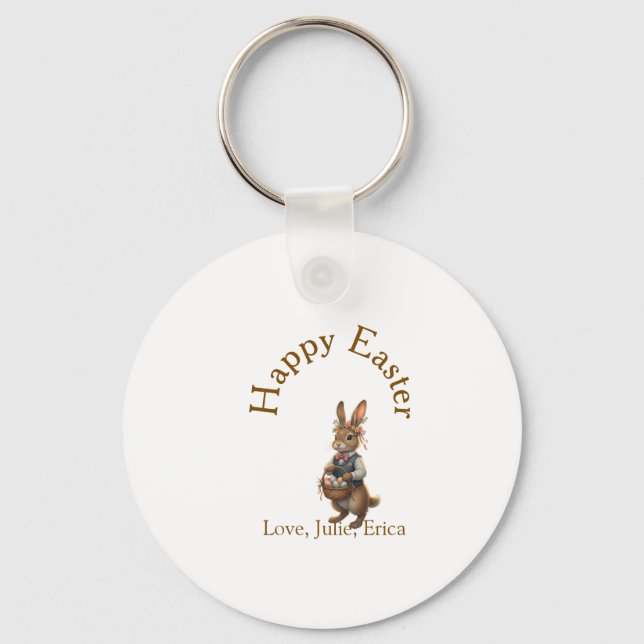 Chaveiro Happy Easter brown bunny with eggs love add name  (Frente)