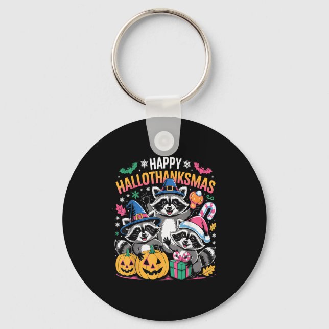 Chaveiro Happy Hallothanksmas Raccoon Halloween Merry Chris (Frente)