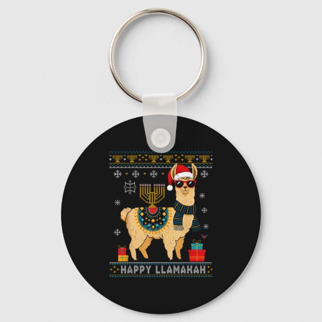 Chaveiro Happy Llamakah Funny Ugly Hanukkah Sweater Llama P (Frente)