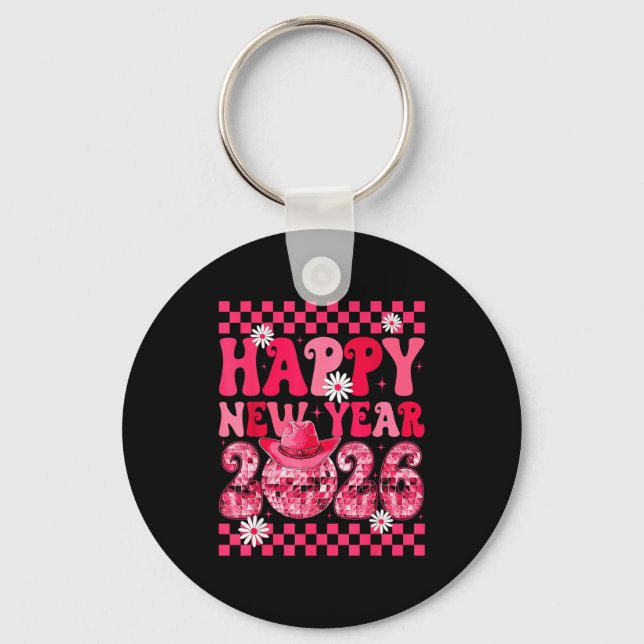 Chaveiro Happy New Year 2026 Cowgirl Cowboy Disco Ball Girl (Frente)