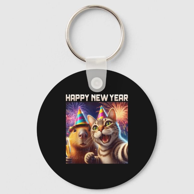 Chaveiro Happy New Year 2026 Cute Cat Capybara Party Art  (Frente)