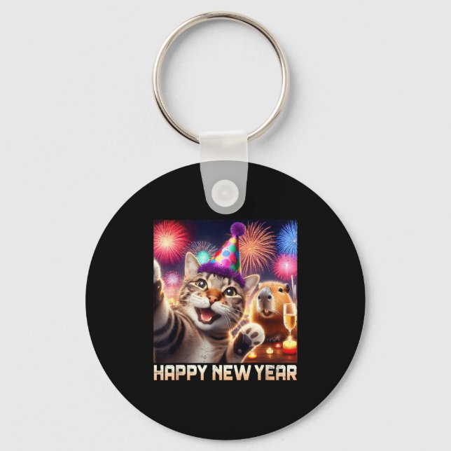 Chaveiro Happy New Year 2026 Cute Cat Capybara Party Art  (Frente)