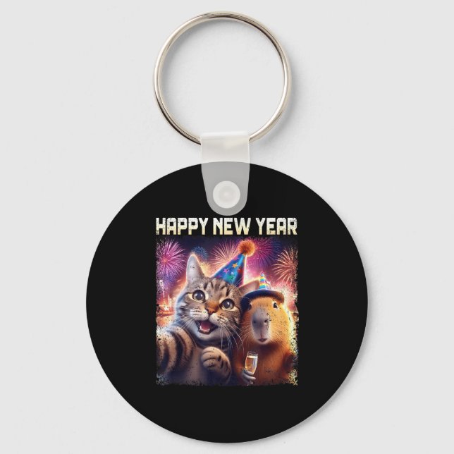 Chaveiro Happy New Year 2026 Cute Cat Capybara Party Art  (Frente)