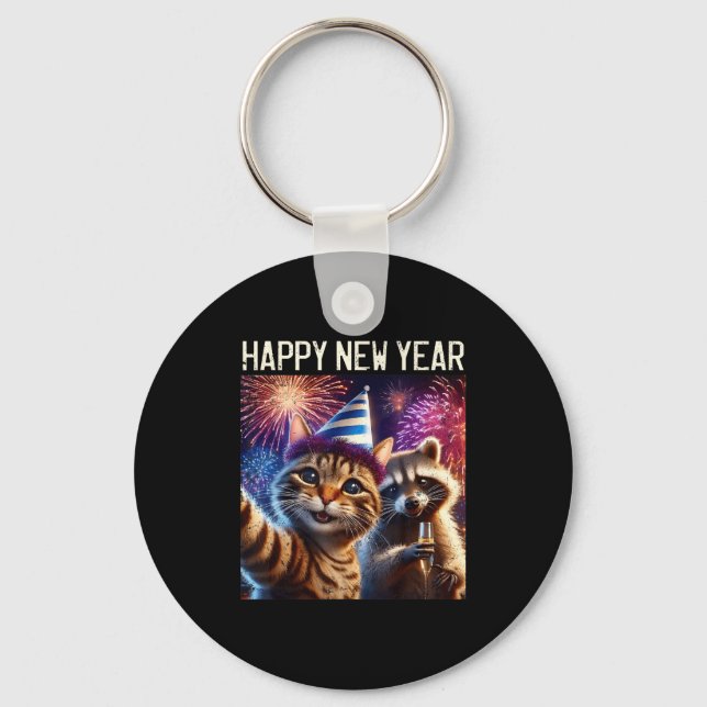 Chaveiro Happy New Year 2026 Cute Cat Raccoon Celebration  (Frente)