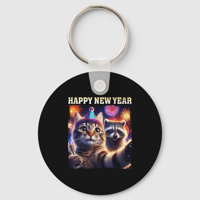 Chaveiro Happy New Year 2026 Cute Cat Raccoon Celebration  (Frente)