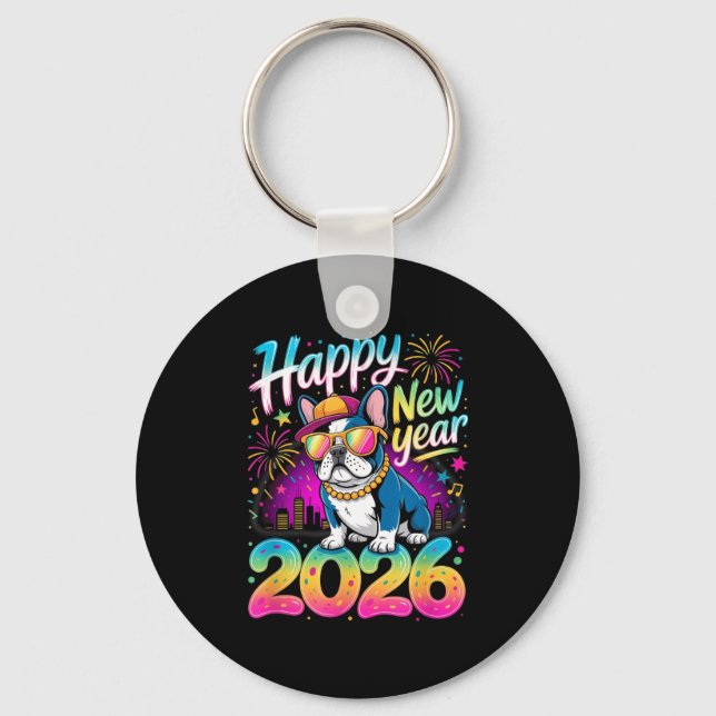 Chaveiro Happy New Year 2026 French Bulldog Fireworks Party (Frente)